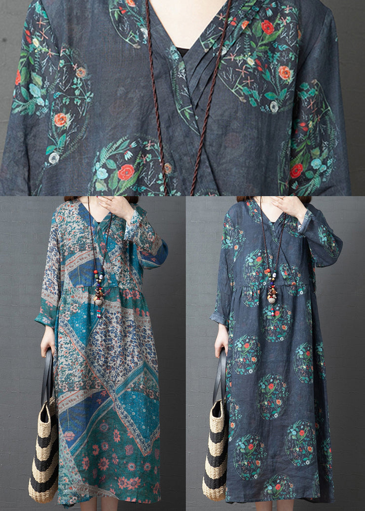 Light Blue Print Loose Linen Long Dress Cinched Long Sleeve