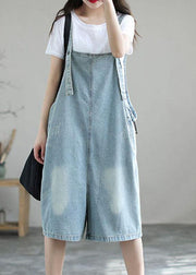 Light Blue Retro Loose Pockets Summer Denim Jumpsuit Shorts - SooLinen