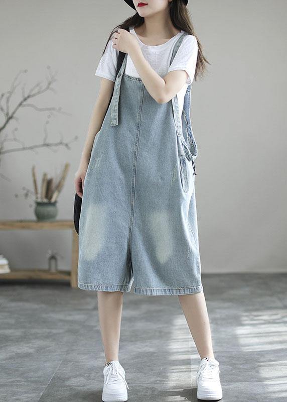 Light Blue Retro Loose Pockets Summer Denim Jumpsuit Shorts - SooLinen