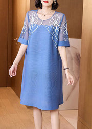 Light Blue Tulle Patchwork Silk Holiday Dress O-Neck Short Sleeve