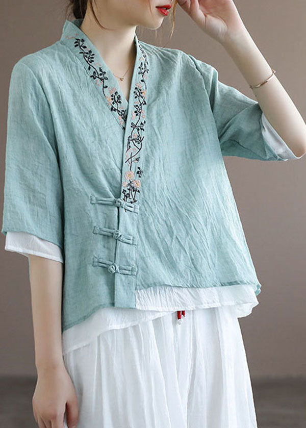 Light Green Fake Two Piece Cotton Shirt Top Embroideried Half Sleeve