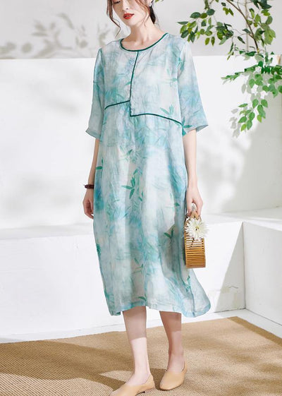 Light Green Patchwork Print Summer Ramie Dresses Half Sleeve - SooLinen