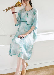 Light Green Patchwork Print Summer Ramie Dresses Half Sleeve - SooLinen