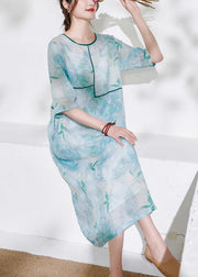 Light Green Patchwork Print Summer Ramie Dresses Half Sleeve - SooLinen