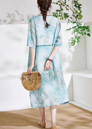 Light Green Patchwork Print Summer Ramie Dresses Half Sleeve - SooLinen