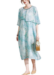 Light Green Patchwork Print Summer Ramie Dresses Half Sleeve - SooLinen