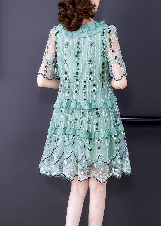 Light Green Tulle Vacation Dress Hollow Out Embroideried Short Sleeve