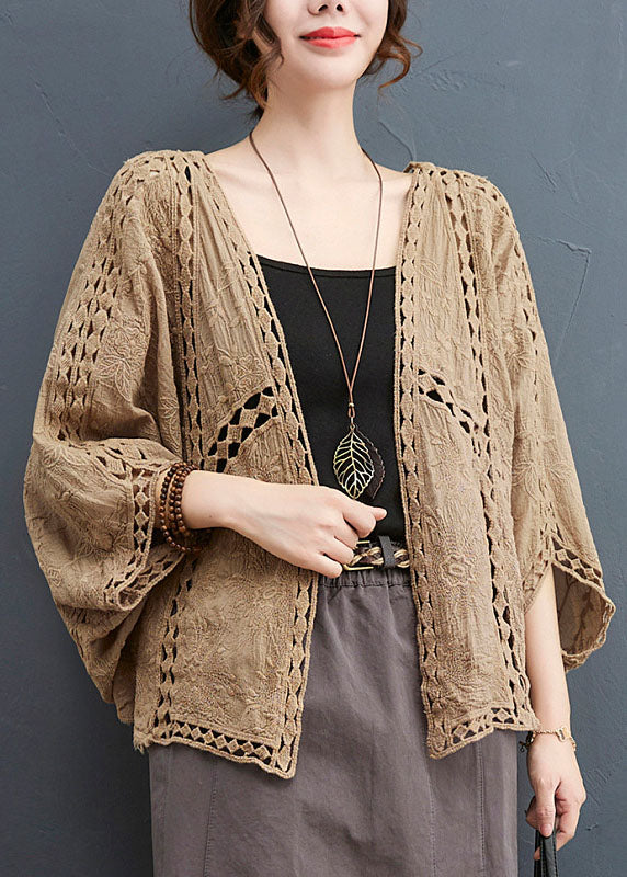 Light Khaki Loose Cardigan Hollow Out Batwing Sleeve