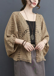 Light Khaki Loose Cardigan Hollow Out Batwing Sleeve