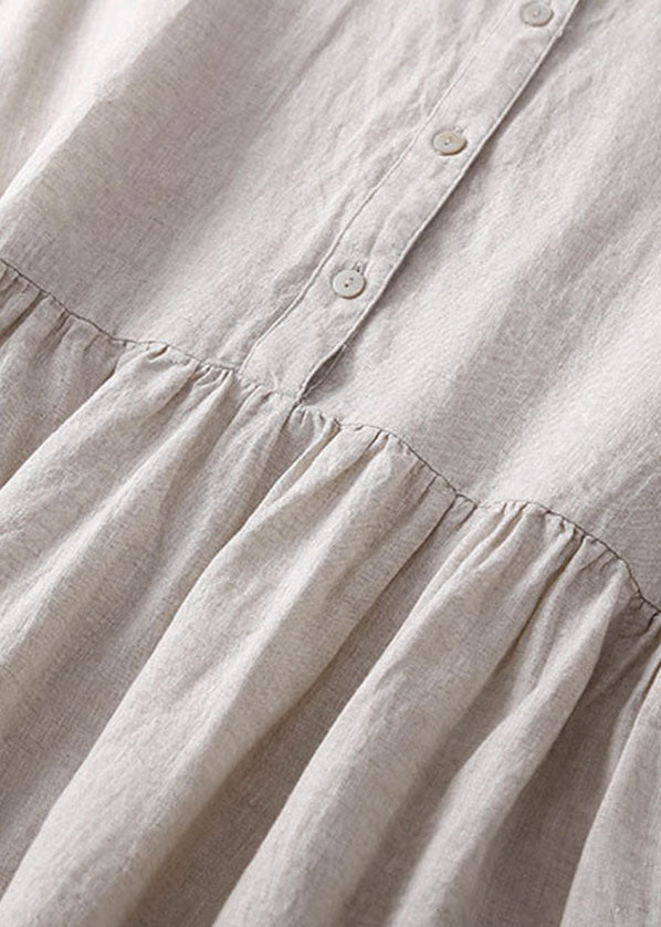 Linen Colour Linen Dresses Wrinkled Button Solid Short Sleeve