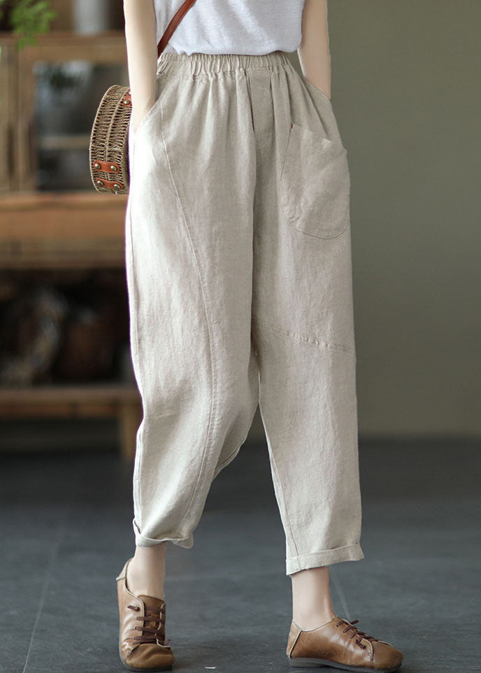 Linen Colour Solid Linen Crop Pants High Waist Patchwork Summer