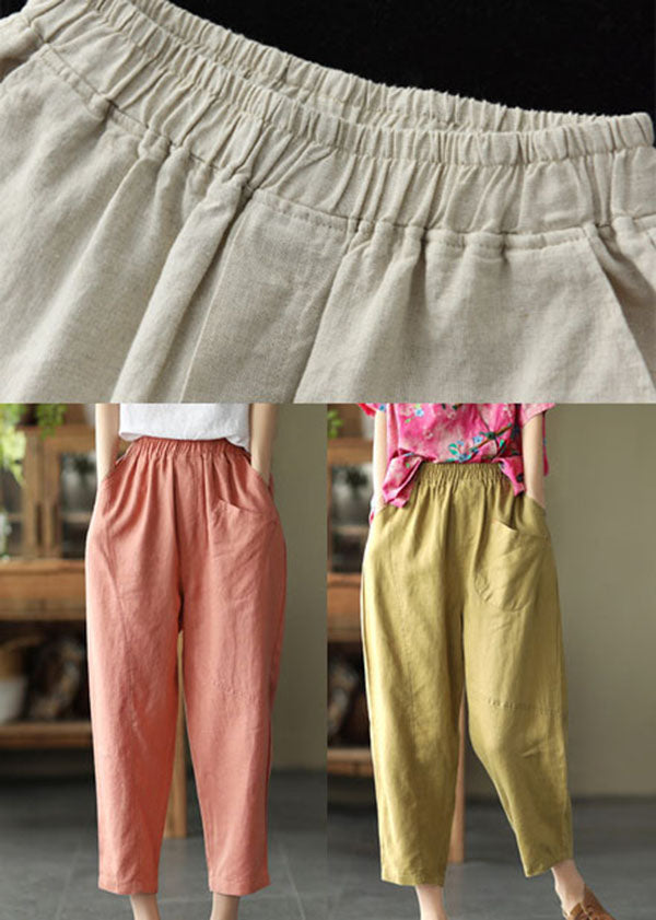 Linen Colour Solid Linen Crop Pants High Waist Patchwork Summer