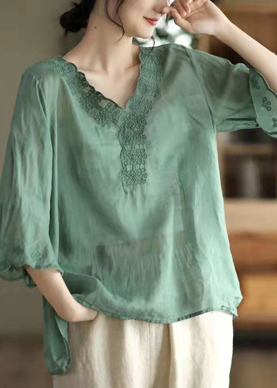 Green Linen Tank Tops Side Open Flare Sleeve