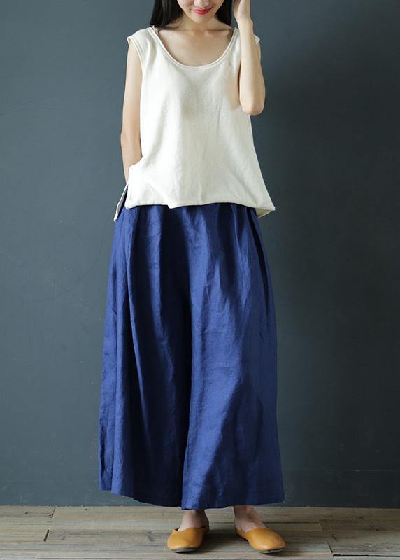 Literary linen navy blue cropped trousers and pants national style - SooLinen