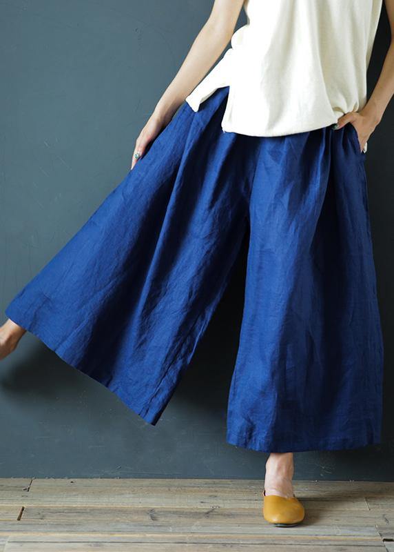 Literary linen navy blue cropped trousers and pants national style - SooLinen