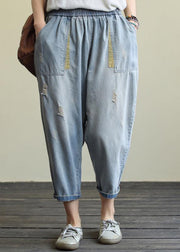 Literary loose loose white casual stitching hole denim cropped harem pants - SooLinen