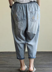 Literary loose loose white casual stitching hole denim cropped harem pants - SooLinen