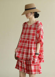 Literary loose round neck stitching top elastic red check pants suit - SooLinen