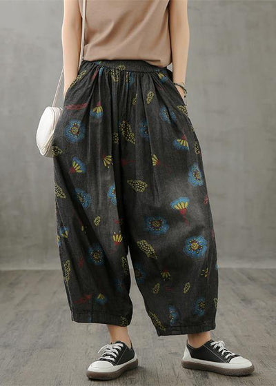 Literary plus size wide-leg pants 2021 autumn new thin yellow printed straight-leg pants - SooLinen