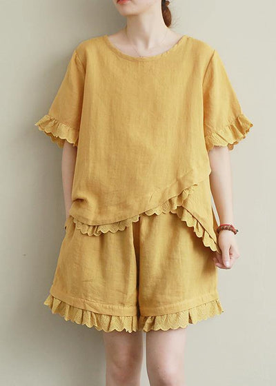 Literary yellow suit lace lace irregular round neck short sleeve shorts two-piece suit - SooLinen