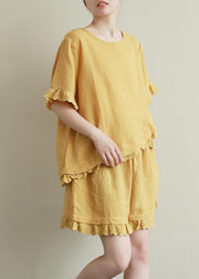 Literary yellow suit lace lace irregular round neck short sleeve shorts two-piece suit - SooLinen