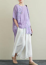 Literature and art ramie purple printed T-shirt female loose cotton and linen nine points wide leg pants two-piece suit - SooLinen