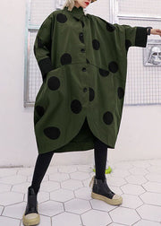 Loose Army Green asymmetrical design Peter Pan Collar dot print trench coats Spring