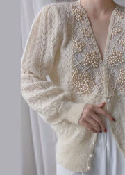 Loose Beige V Neck Pearl button thick Ma Hai mao Knit coat Long Sleeve