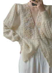 Loose Beige V Neck Pearl button thick Ma Hai mao Knit coat Long Sleeve