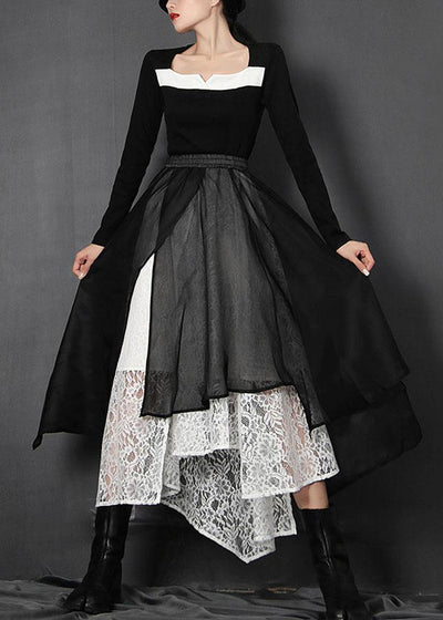 Loose Black Elastic Waist Patchwork Lace Asymmetrical Design Summer Skirt - SooLinen