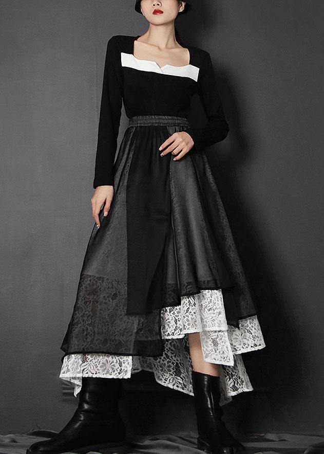 Loose Black Elastic Waist Patchwork Lace Asymmetrical Design Summer Skirt - SooLinen