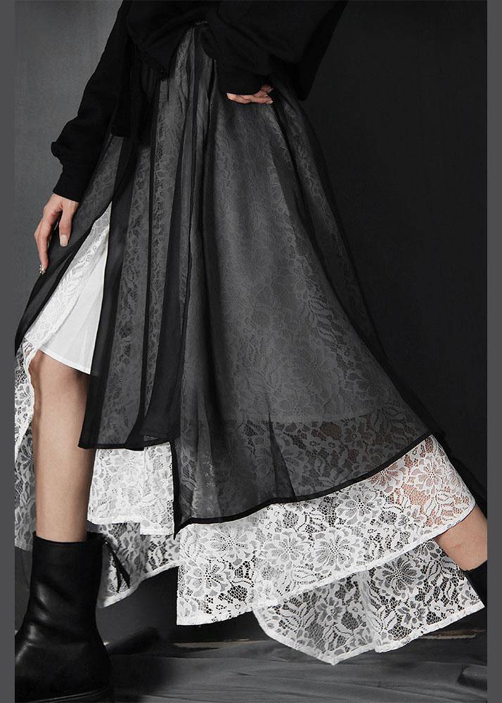 Loose Black Elastic Waist Patchwork Lace Asymmetrical Design Summer Skirt - SooLinen