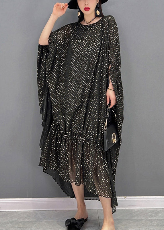 Loose Black O-Neck Asymmetrical Dot Chiffon Vacation Dresses Batwing Sleeve