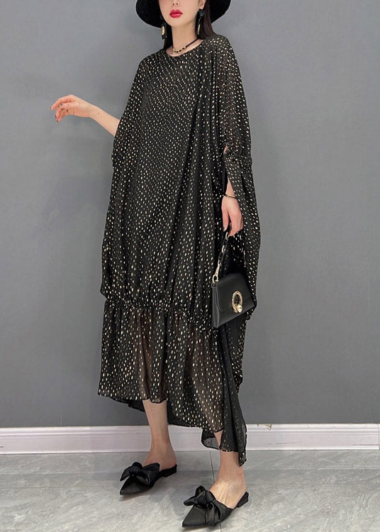 Loose Black O-Neck Asymmetrical Dot Chiffon Vacation Dresses Batwing Sleeve