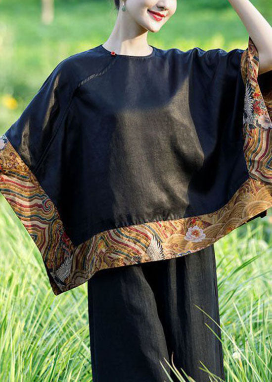 Loose Black O-Neck Asymmetrical Patchwork Silk Top Spring