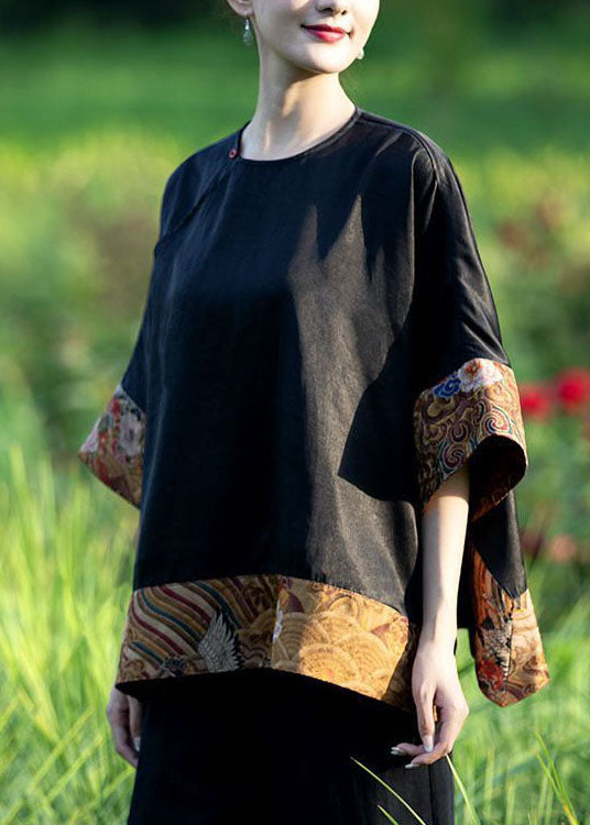 Loose Black O-Neck Asymmetrical Patchwork Silk Top Spring