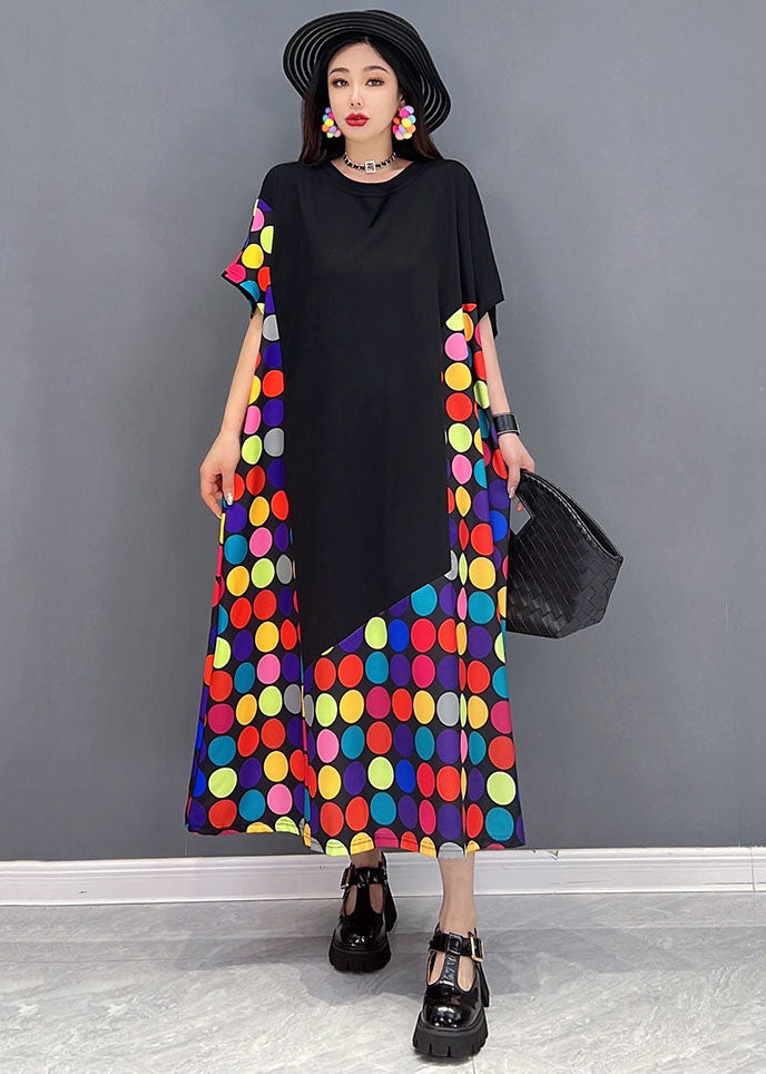 Lockeres schwarzes O-Neck Patchwork Multi Dot Print Cotton Long Dress Short Sleeve