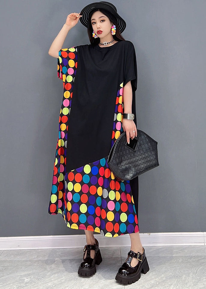 Loose Black O-Neck Patchwork Multi Dot Print Cotton Long Dress Short Sleeve