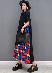 Loose Black O-Neck Patchwork Multi Dot Print Cotton Long Dress Short Sleeve