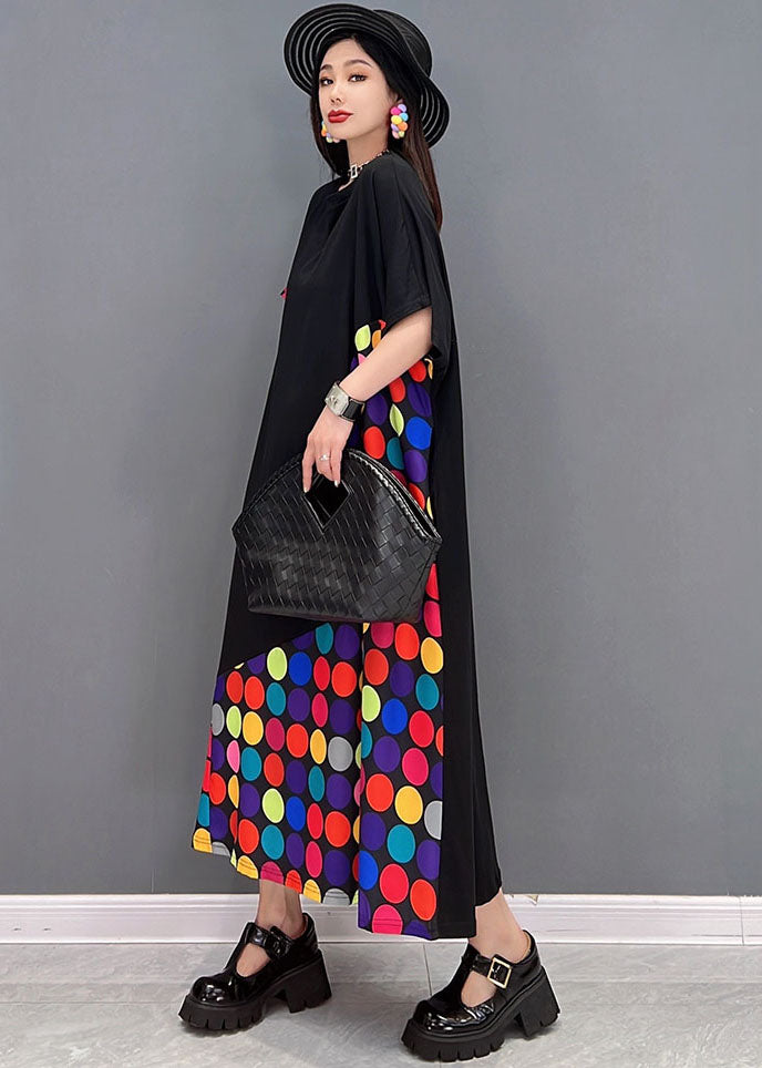 Loose Black O-Neck Patchwork Multi Dot Print Cotton Long Dress Short Sleeve