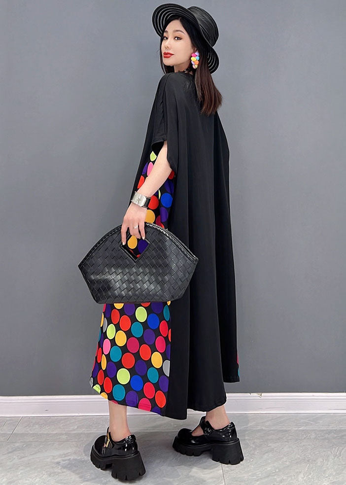 Lockeres schwarzes O-Neck Patchwork Multi Dot Print Cotton Long Dress Short Sleeve