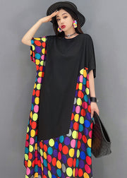 Lockeres schwarzes O-Neck Patchwork Multi Dot Print Cotton Long Dress Short Sleeve