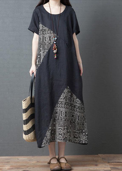 Loose Black O-Neck Patchwork Pockets Summer Holiday Dress Short Sleeve - SooLinen