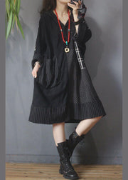 Loose Black Patchwork Cotton Dress hooded Cotton Linen Summer Mid Dress - SooLinen