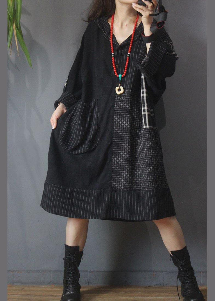 Loose Black Patchwork Cotton Dress hooded Cotton Linen Summer Mid Dress - SooLinen