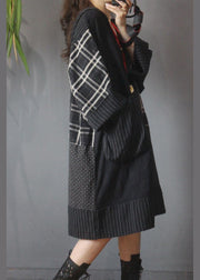 Loose Black Patchwork Cotton Dress hooded Cotton Linen Summer Mid Dress - SooLinen