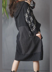 Loose Black Patchwork Cotton Dress hooded Cotton Linen Summer Mid Dress - SooLinen