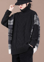 Loose Black Patchwork Fall Knit Sweater - SooLinen