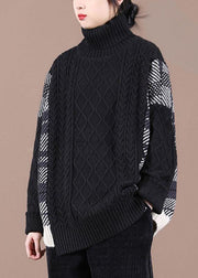 Loose Black Patchwork Fall Knit Sweater - SooLinen