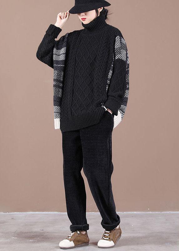 Loose Black Patchwork Fall Knit Sweater - SooLinen